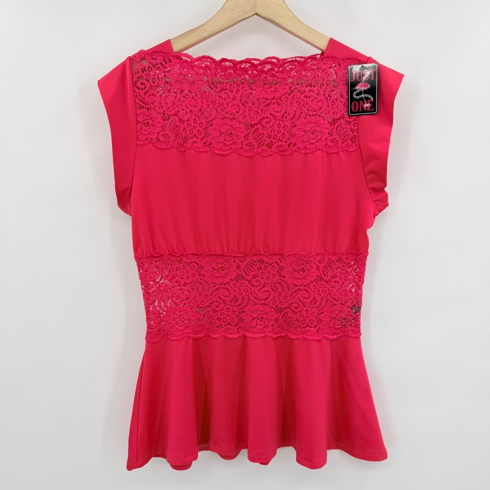 Just‎ One Peplum Top Womens 1X Pink New Lace Waist Cap Sleeve Blouse